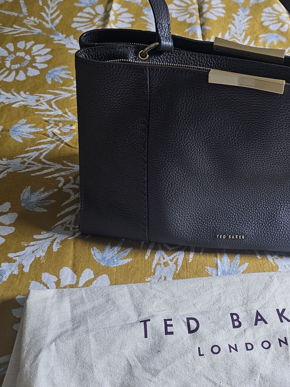 Ted Baker Dark Gray Pebbled Leather Tote with Gold Hardware